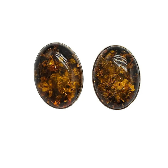 925 Sterling Silver Amber Gemstone Oval Clip on Earrings Vintage - Picture 1 of 4